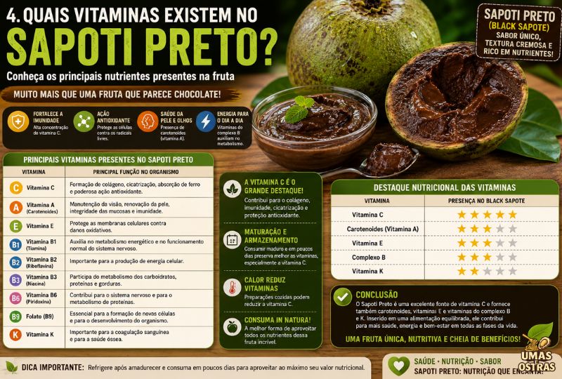 Infográfico sobre as vitaminas do Sapoti Preto (Black Sapote), destacando vitamina C, vitamina A (carotenoides), vitamina E, vitaminas do complexo B e vitamina K. A imagem mostra a fruta aberta com polpa marrom cremosa semelhante a um pudim de chocolate, acompanhada de uma tabela nutricional e dos principais benefícios para a imunidade, ação antioxidante, produção de colágeno, metabolismo energético e saúde da pele.