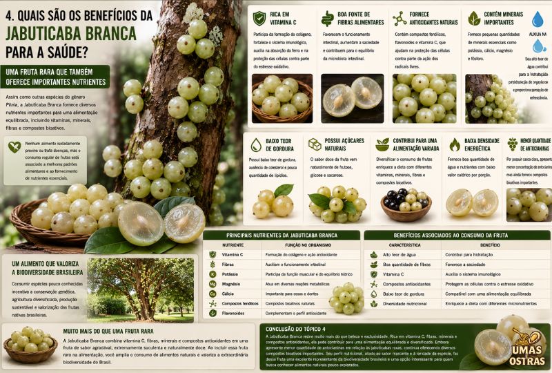Infográfico da Jabuticaba Branca mostrando seus benefícios para a saúde, vitamina C, fibras, antioxidantes, minerais, polpa translúcida e frutos raros no tronco da jabuticabeira.