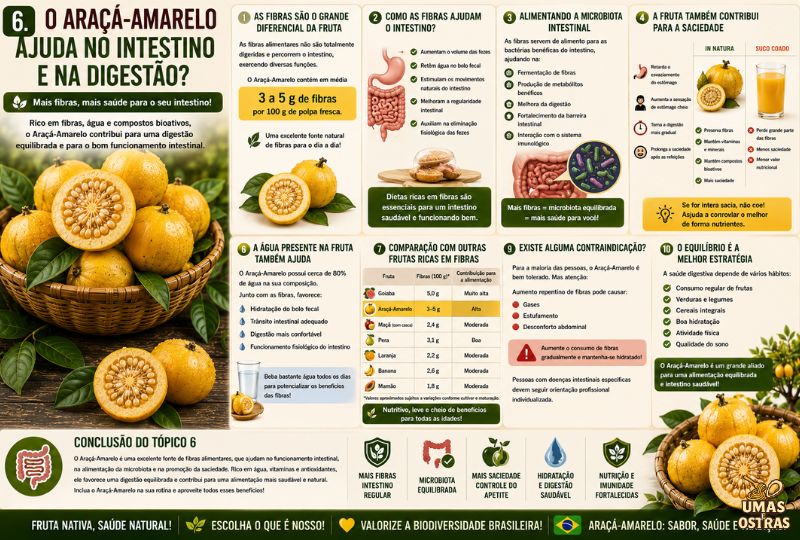Infográfico sobre os benefícios do Araçá-Amarelo para o intestino e a digestão, destacando seu teor de fibras, ação na microbiota intestinal, comparação com outras frutas ricas em fibras, promoção da saciedade e dicas de consumo.