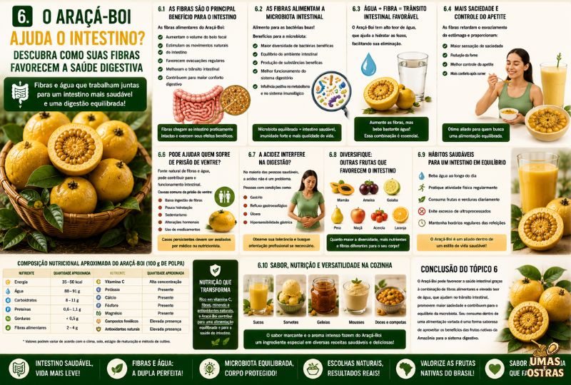 Infográfico sobre os benefícios do Araçá-Boi para o intestino, destacando fibras alimentares, microbiota intestinal, hidratação, saciedade, saúde digestiva, valor nutricional e hábitos que favorecem o bom funcionamento do sistema digestório.