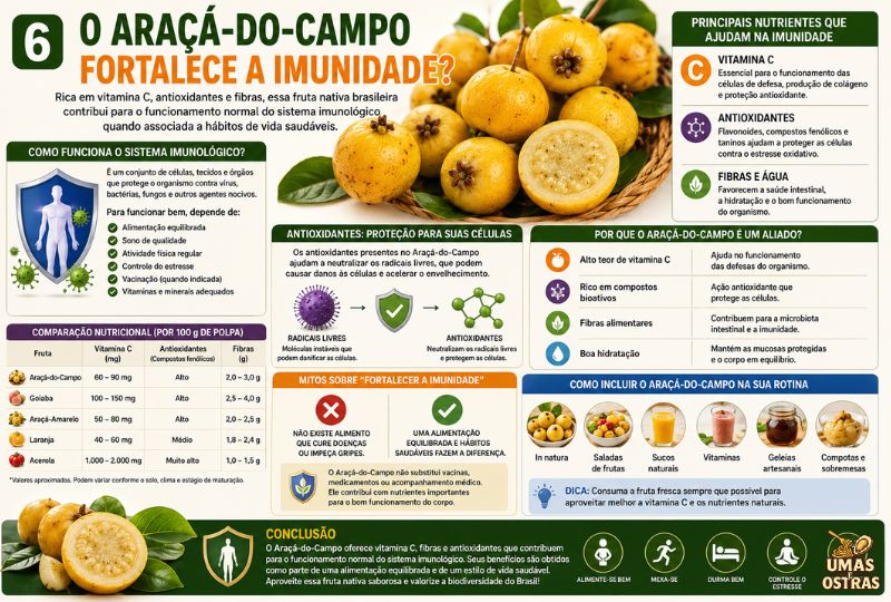 Infográfico sobre os benefícios do Araçá-do-Campo para a imunidade, destacando vitamina C, antioxidantes e fibras