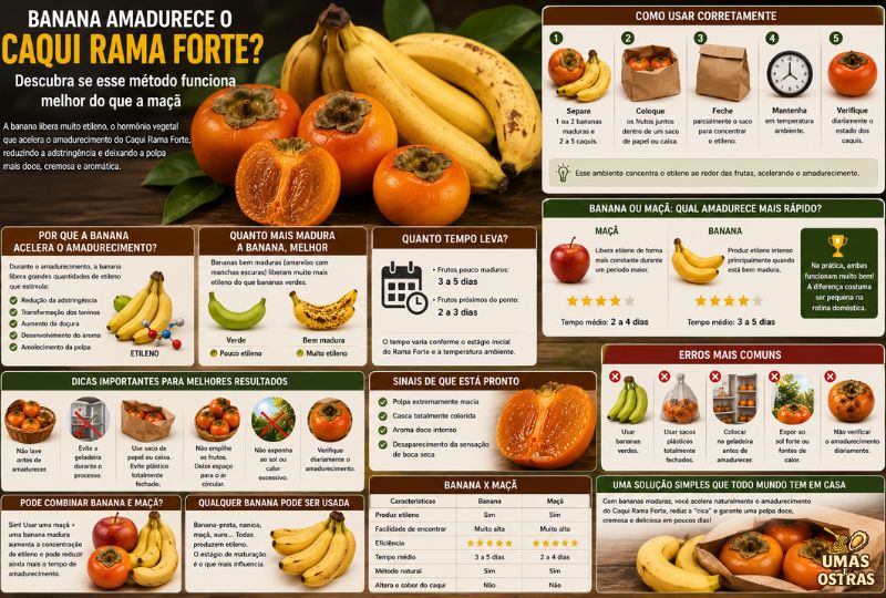 Imagem realista em 8K mostrando caquis Rama Forte maduros ao lado de bananas em diferentes estágios de maturação sobre uma mesa de madeira. Um caqui cortado ao meio revela a polpa alaranjada, cremosa e brilhante. A composição ilustra o processo natural de amadurecimento acelerado pelo etileno liberado pelas bananas, com saco de papel ao fundo e iluminação natural que destaca as texturas e cores das frutas.