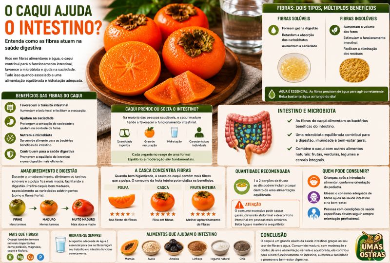Infográfico realista em 8K mostrando caquis frescos inteiros e cortados ao lado de alimentos ricos em fibras e um copo de água. A imagem destaca como as fibras solúveis e insolúveis presentes no caqui auxiliam o funcionamento do intestino, favorecem a microbiota intestinal, aumentam a saciedade e contribuem para o trânsito intestinal quando associadas à hidratação adequada. Inclui tabelas comparativas entre polpa e casca e ilustrações do sistema digestivo em um layout moderno e informativo.