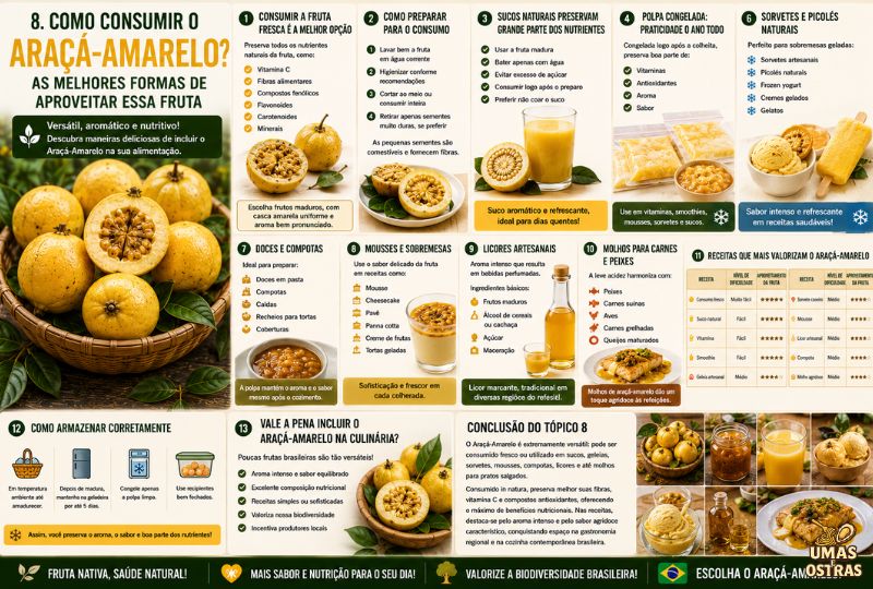 Infográfico sobre como consumir o Araçá-Amarelo apresentando opções como consumo in natura, sucos, polpa congelada, geleias, sorvetes, mousses, compotas, licores, molhos para carnes e dicas de armazenamento da fruta.