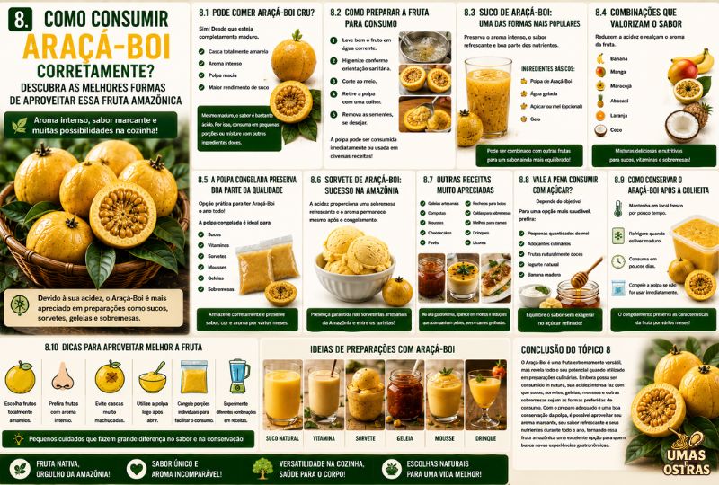 Infográfico sobre como consumir o Araçá-Boi, mostrando preparo da fruta, consumo in natura, sucos, sorvetes, geleias, polpa congelada, combinações com outras frutas, conservação e principais receitas da gastronomia amazônica.
