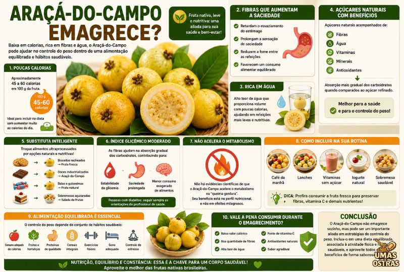 Infográfico mostrando como o Araçá-do-Campo auxilia na saciedade, possui poucas calorias e pode integrar uma dieta equilibrada