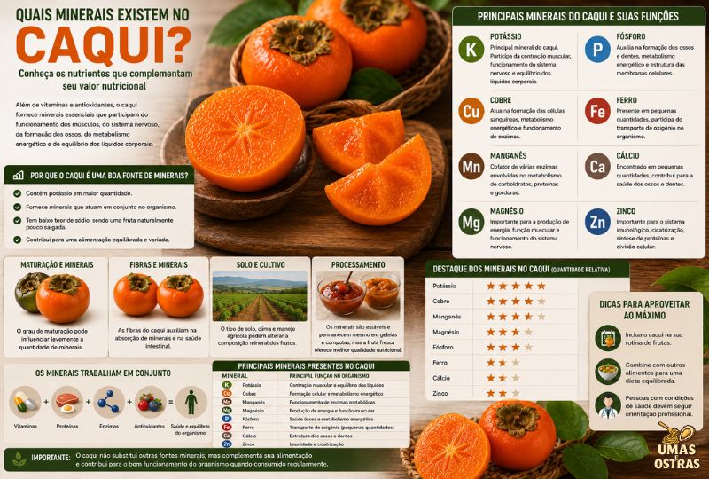 Infográfico realista em 8K com caquis frescos inteiros e cortados sobre uma mesa de madeira, destacando os principais minerais presentes na fruta, como potássio, cobre, manganês, magnésio, fósforo, ferro, cálcio e zinco. A imagem inclui quadros explicativos sobre as funções de cada mineral, tabelas comparativas, informações sobre o impacto do solo no cultivo e a importância dos micronutrientes para uma alimentação equilibrada.