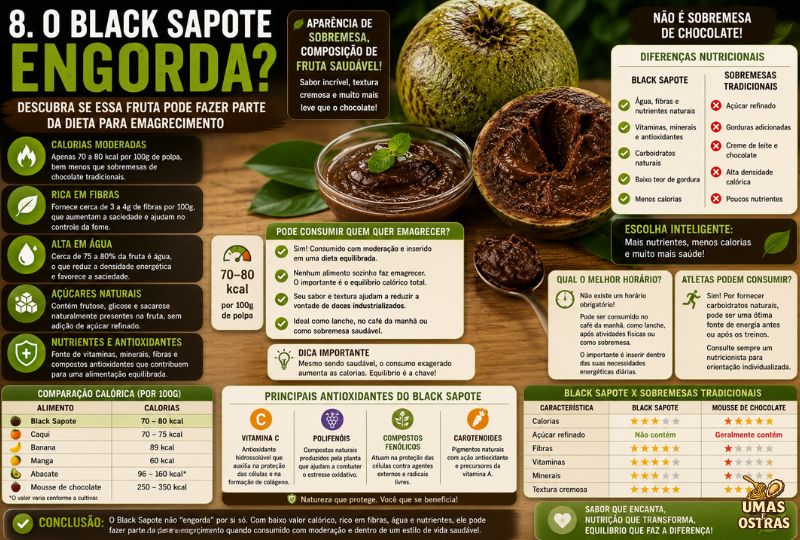 Infográfico sobre o Black Sapote (Sapoti Preto) mostrando a fruta aberta com polpa marrom cremosa semelhante a uma mousse de chocolate. A imagem compara as calorias do Black Sapote com banana, manga, caqui, abacate e mousse de chocolate, destacando seu baixo teor calórico, alto teor de fibras, grande quantidade de água, açúcares naturais e antioxidantes, além de explicar como a fruta pode ser incluída em uma alimentação equilibrada.