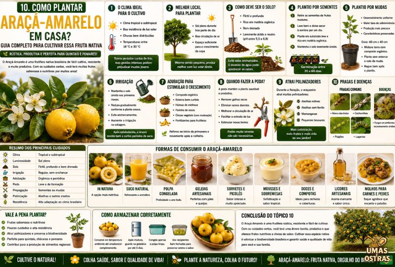 Guia ilustrado de cultivo do Araçá-Amarelo com dicas de plantio, irrigação, adubação, poda, polinização e cuidados para produzir frutos de qualidade.