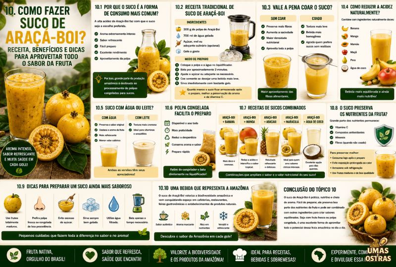 Infográfico sobre como preparar suco de Araçá-Boi, com receita tradicional, ingredientes, modo de preparo, benefícios nutricionais, combinações com outras frutas, conservação da polpa e dicas para preservar o aroma e o sabor da fruta amazônica.