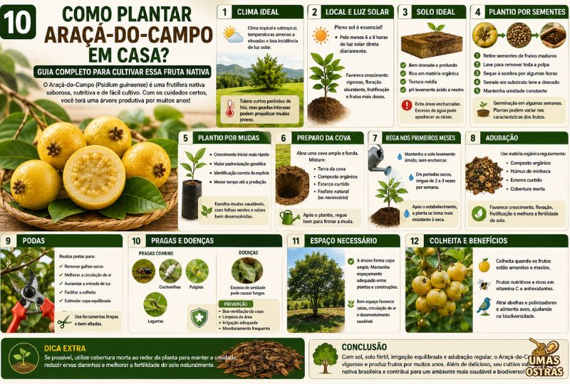 Infográfico do cultivo do Araçá-do-Campo mostrando clima, solo, irrigação, adubação e cuidados para produzir frutos saudáveis