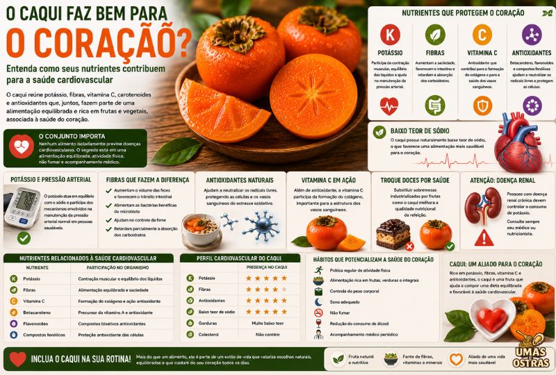 Caquis maduros ao lado de um coração anatômico e ícones de potássio, fibras, vitamina C e antioxidantes, ilustrando os nutrientes do caqui associados a uma alimentação saudável para o sistema cardiovascular.