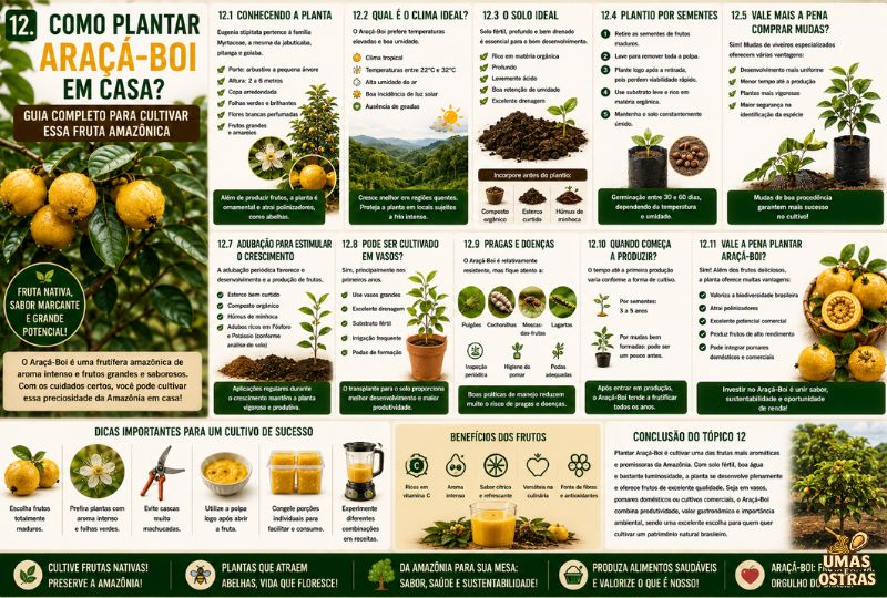 Infográfico sobre o cultivo do Araçá-Boi, mostrando clima ideal, preparo do solo, plantio por sementes, mudas, irrigação, adubação, cultivo em vasos, controle de pragas e dicas para produzir essa fruta amazônica em casa.