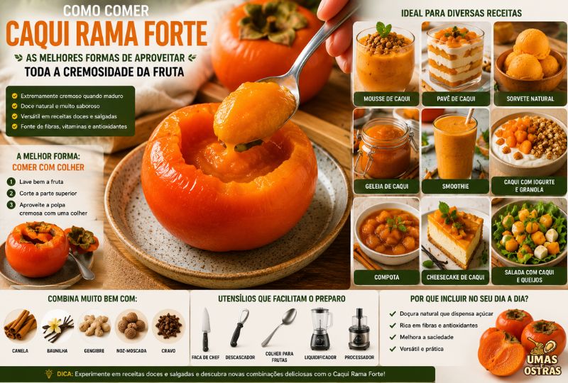 Caqui Rama Forte completamente maduro com polpa extremamente cremosa sendo consumido com colher, acompanhado de receitas como smoothie, geleia, mousse e sorvete artesanal. A composição destaca a versatilidade culinária da fruta em uma cozinha moderna, com iluminação natural e estilo fotográfico hiper-realista em qualidade 8K.