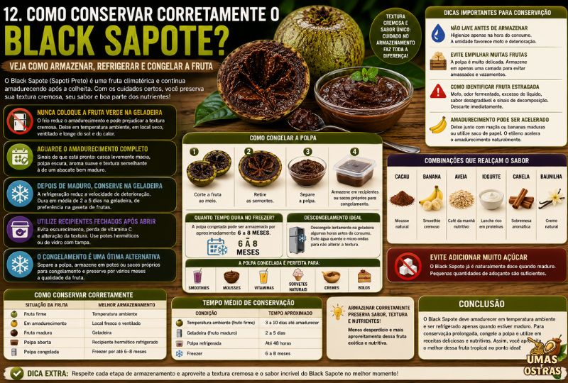 Infográfico sobre como conservar corretamente o Black Sapote (Sapoti Preto), mostrando a fruta aberta com polpa marrom cremosa e orientações para armazenamento em temperatura ambiente, refrigeração e congelamento. A imagem explica quando colocar a fruta na geladeira, como congelar a polpa, o tempo de conservação no freezer e na geladeira, formas corretas de descongelamento e cuidados para preservar sabor, textura, vitaminas e antioxidantes.
