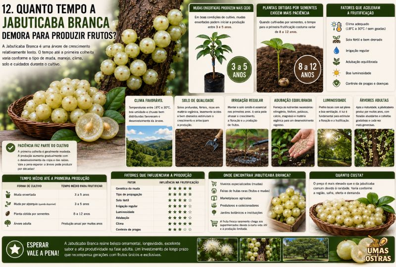 Infográfico mostrando o tempo de produção da Jabuticaba Branca, diferenças entre mudas enxertadas e sementes, fatores que influenciam a frutificação, cultivo e primeira colheita.