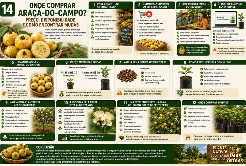 Infográfico sobre onde comprar Araçá-do-Campo, preços das mudas, disponibilidade da fruta e dicas para escolher mudas de qualidade