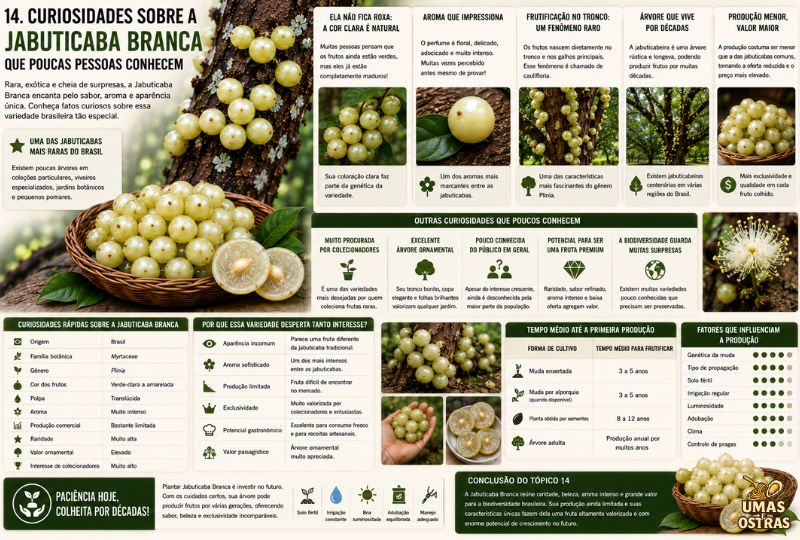 Infográfico realista mostrando a Jabuticaba Branca com frutos claros no tronco, curiosidades, características, raridade, aroma, cultivo e informações sobre essa variedade rara brasileira.