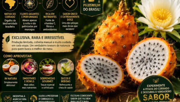 Fotografia de alta resolução em estilo infográfico destacando a Pitaya do Cerrado sobre uma superfície rústica de madeira. Em primeiro plano, uma fruta cortada revela a polpa branca com sementes pretas, ao lado de uma fruta inteira com casca laranja e densos espinhos afiados. Ao fundo, uma grande flor branca noturna da espécie. O texto principal exibe: "Pitaya do Cerrado: Como Tirar os Espinhos, Sabor e a Joia Premium do Brasil (Guia 2026)". O design inclui cinco ícones dourados que destacam: Nativa do Cerrado, Sabor extremamente doce, Flores perfumadas e noturnas, Rica em nutrientes e antioxidantes, e Orgulho do Brasil. Um selo circular com uma coroa enfatiza: "Descubra uma das frutas mais raras e preciosas do Brasil!".
