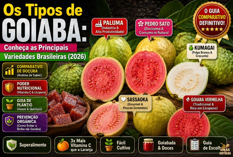 Infográfico e fotografia em alta definição apresentando os principais tipos de goiaba do Brasil. Ao centro, sobre uma bancada de madeira, veem-se frutos inteiros e fatiados ao meio com balões indicativos apontando para cada variedade: Paluma (Indústria e Alta Produtividade), Pedro Sato (Docíssima e Consumo in Natura), Kumagai (Polpa Branca e Crocante), Sassaoka (Gourmet e Poucas Sementes) e Goiaba Vermelha (Tradicional e Rica em Licopeno). No canto esquerdo, há uma tigela de madeira com cubos de goiabada. No topo esquerdo, destaca-se o título em letras garrafais amarelas, brancas e rosa: 'Os Tipos de GOIABA: Conheça as Principais Variedades Brasileiras (2026)'. À esquerda, uma coluna exibe 4 pílulas informativas sobre doçura, nutrição, plantio e prevenção contra o bicho-da-goiaba. No canto superior direito, exibe-se um selo dourado com 'O GUIA COMPARATIVO DEFINITIVO!'. O rodapé traz 5 caixas com ícones de suporte sobre vitamina C, cultivo e doces.