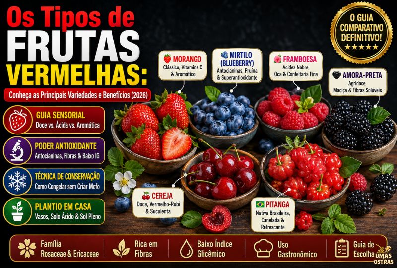 Infográfico e fotografia em alta definição apresentando os principais tipos de frutas vermelhas e vermelho-roxas (berries) sobre uma bancada rústica de madeira escura com folhas verdes e flores ao fundo. Exibem-se 6 tigelas de cerâmica artesanal contendo as frutas inteiras e cortadas com balões indicativos: Morango (Clássico, Vitamina C e Aromático), Mirtilo (Blueberry com Antocianinas, Pruína e Superantioxidante), Framboesa (Acidez Nobre, Oca e Confeitaria Fina), Cereja (Doce, Vermelho-Rubi e Suculenta), Amora-Preta (Agridoce, Maciça e Fibras Solúveis) e Pitanga (Nativa Brasileira identificada com bandeira, Canelada e Refrescante). No topo esquerdo, destaca-se o título em letras garrafais vermelhas, amarelas e brancas: 'Os Tipos de FRUTAS VERMELHAS: Conheça as Principais Variedades e Benefícios (2026)'. À esquerda, uma coluna exibe 4 pílulas informativas sobre guia sensorial, poder antioxidante, técnica de conservação e plantio em casa. No canto superior direito, um selo dourado destaca 'O GUIA COMPARATIVO DEFINITIVO!'. O rodapé traz 5 ícones sobre famílias Rosaceae e Ericaceae, fibras, baixo índice glicêmico, uso gastronômico e guia de escolha.