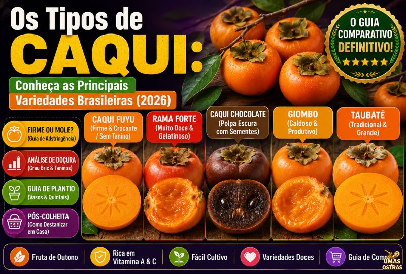 Infográfico e fotografia em alta definição apresentando os principais tipos de caqui do Brasil. Ao centro, sobre uma bancada de madeira, veem-se 5 frutos inteiros e fatiados com balões indicativos identificando as variedades: Caqui Fuyu (Firme e Crocante / Sem Tanino), Rama Forte (Muito Doce e Gelatinoso), Caqui Chocolate (Polpa Escura com Sementes), Giombo (Caldoso e Produtivo) e Taubaté (Tradicional e Grande). No topo esquerdo, destaca-se o título em letras garrafais amarelas, brancas e verdes: 'Os Tipos de CAQUI: Conheça as Principais Variedades Brasileiras (2026)'. À esquerda, uma coluna exibe 4 pílulas informativas sobre adstringência, doçura, plantio em vasos e destanização. No canto superior direito, exibe-se um selo dourado com 'O GUIA COMPARATIVO DEFINITIVO!'. No rodapé, caixas trazem ícones de suporte sobre fruta de outono, vitaminas e cultivo.