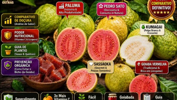 Infográfico e fotografia em alta definição apresentando os principais tipos de goiaba do Brasil. Ao centro, sobre uma bancada de madeira, veem-se frutos inteiros e fatiados ao meio com balões indicativos apontando para cada variedade: Paluma (Indústria e Alta Produtividade), Pedro Sato (Docíssima e Consumo in Natura), Kumagai (Polpa Branca e Crocante), Sassaoka (Gourmet e Poucas Sementes) e Goiaba Vermelha (Tradicional e Rica em Licopeno). No canto esquerdo, há uma tigela de madeira com cubos de goiabada. No topo esquerdo, destaca-se o título em letras garrafais amarelas, brancas e rosa: 'Os Tipos de GOIABA: Conheça as Principais Variedades Brasileiras (2026)'. À esquerda, uma coluna exibe 4 pílulas informativas sobre doçura, nutrição, plantio e prevenção contra o bicho-da-goiaba. No canto superior direito, exibe-se um selo dourado com 'O GUIA COMPARATIVO DEFINITIVO!'. O rodapé traz 5 caixas com ícones de suporte sobre vitamina C, cultivo e doces.