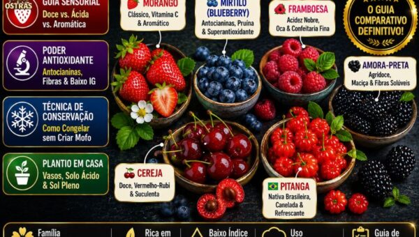Infográfico e fotografia em alta definição apresentando os principais tipos de frutas vermelhas e vermelho-roxas (berries) sobre uma bancada rústica de madeira escura com folhas verdes e flores ao fundo. Exibem-se 6 tigelas de cerâmica artesanal contendo as frutas inteiras e cortadas com balões indicativos: Morango (Clássico, Vitamina C e Aromático), Mirtilo (Blueberry com Antocianinas, Pruína e Superantioxidante), Framboesa (Acidez Nobre, Oca e Confeitaria Fina), Cereja (Doce, Vermelho-Rubi e Suculenta), Amora-Preta (Agridoce, Maciça e Fibras Solúveis) e Pitanga (Nativa Brasileira identificada com bandeira, Canelada e Refrescante). No topo esquerdo, destaca-se o título em letras garrafais vermelhas, amarelas e brancas: 'Os Tipos de FRUTAS VERMELHAS: Conheça as Principais Variedades e Benefícios (2026)'. À esquerda, uma coluna exibe 4 pílulas informativas sobre guia sensorial, poder antioxidante, técnica de conservação e plantio em casa. No canto superior direito, um selo dourado destaca 'O GUIA COMPARATIVO DEFINITIVO!'. O rodapé traz 5 ícones sobre famílias Rosaceae e Ericaceae, fibras, baixo índice glicêmico, uso gastronômico e guia de escolha.