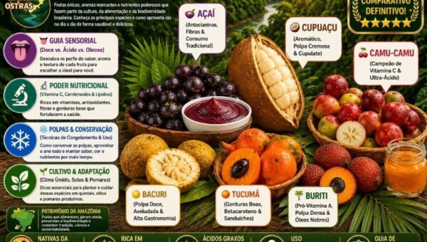Infográfico em alta definição sobre os tipos de frutas amazônicas com fundo da floresta e rio da Amazônia. Sobre uma mesa rústica, destacam-se 6 variedades nativas com balões explicativos: Açaí (tigela de polpa e frutos com antocianinas e fibras), Cupuaçu aberto (polpa cremosa e aromática), Camu-camu (frutos vermelhos ricos em vitamina C), Bacuri (fruto aberto com polpa branca aveludada), Tucumã fatiado (polpa alaranjada com carotenoides) e Buriti (casca escamosa e polpa densa com pró-vitamina A). À esquerda, pílulas informativas abordam guia sensorial, poder nutricional, conservação de polpas e cultivo. No topo direito, selo dourado de 'O Guia Comparativo Definitivo'.