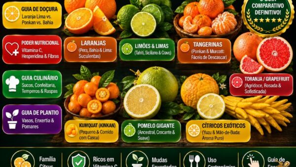 Infográfico e fotografia em alta definição apresentando os principais tipos de cítricos sobre uma bancada de madeira escura com fundo folhoso de pomar. Na parte superior, veem-se 4 grupos com balões indicativos: Laranjas (Pera, Bahia e Lima: Suculentas, inteiras e fatiadas), Limões e Limas (Tahiti, Siciliano e Cravo, inteiros e cortados ao meio), Tangerinas (Ponkan e Murcott: Fáceis de Descascar, com gomos expostos) e Toranja/Grapefruit (Agridoce, Rosada e Sofisticada, cortada ao meio). Na parte inferior, veem-se 3 grupos: Kumquat/Kinkan (Pequeno e Comido com Casca, em pratinho), Pomelo Gigante (Ancestral, Crocante e Suave, cortado ao meio) e Cítricos Exóticos (Yuzu e Mão-de-Buda: Aroma Puro). No topo esquerdo, destaca-se o título em letras garrafais amarelas e brancas: 'Os Tipos de CÍTRICOS: Conheça as Frutas e Como Escolher Cada Variedade (2026)'. À esquerda, uma coluna exibe 4 pílulas informativas sobre doçura, nutrição, uso culinário e plantio. No canto superior direito, exibe-se um selo dourado com 'O GUIA COMPARATIVO DEFINITIVO!'. O rodapé traz 5 caixas escuras com ícones sobre família Citrus, vitamina C, mudas enxertadas, uso gastronômico e guia de escolha.