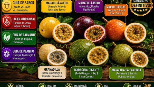 Infográfico e fotografia em alta definição apresentando os principais tipos de maracujá do Brasil sobre uma bancada de madeira rústica com folhas e gavinhas da planta ao fundo. Na parte superior, veem-se 3 variedades com balões indicativos: Maracujá-Azedo (Amarelo, Ácido e Ideal para Sucos, inteiro e cortado), Maracujá-Roxo (Aromático, Floral e Equilibrado, inteiro e aberto) e Maracujá-Doce (Doce de Colher e Baixa Acidez, inteiro e cortado ao meio). Na parte inferior, veem-se 3 variedades: Granadilla (Casca Quebradiça e Sementes Crocantes, com polpa translúcida), Maracujá-Gigante (Pode Ultrapassar 1kg e Casca Carnosa, inteiro e aberto) e Maracujá-da-Caatinga (Resistente à Seca e Muito Aromático, fruto verde e cortado). No topo esquerdo, destaca-se o título em letras garrafais amarelas e brancas: 'Os Tipos de MARACUJÁ: Conheça as Principais Variedades e Espécies (2026)'. À esquerda, uma coluna exibe 4 pílulas informativas sobre guia de sabor, poder nutricional, guia de calmante e plantio com mamangavas. No canto superior direito, exibe-se um selo dourado com 'O GUIA COMPARATIVO DEFINITIVO!'. O rodapé traz 5 caixas com ícones sobre gênero Passiflora, rico em pectina, polinização natural, uso culinário e guia de escolha.