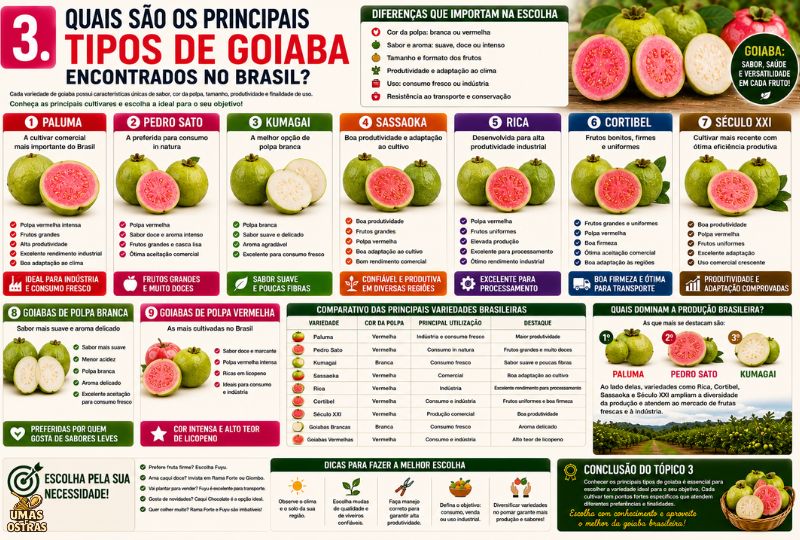 Infográfico com as principais variedades de goiaba cultivadas no Brasil, comparando Paluma, Pedro Sato, Kumagai, Sassaoka, Rica, Cortibel e Século XXI.