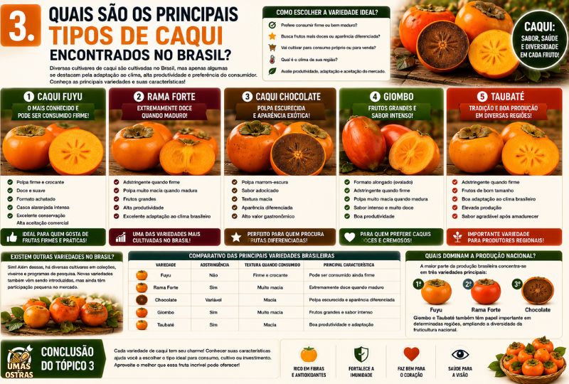 Infográfico comparando os principais tipos de caqui cultivados no Brasil, destacando Fuyu, Rama Forte, Chocolate, Giombo e Taubaté, com diferenças de sabor, textura, adstringência e características dos frutos.