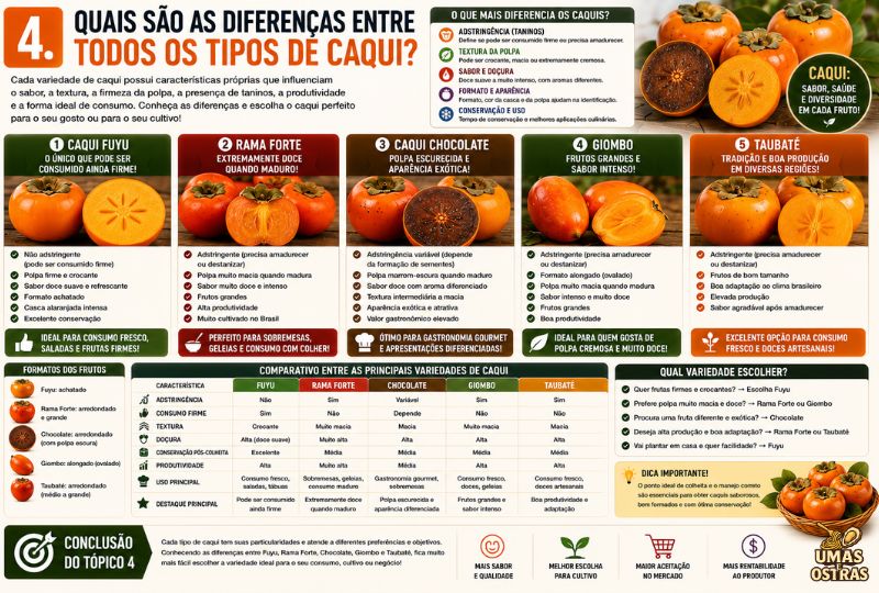 Infográfico comparando os principais tipos de caqui cultivados no Brasil, destacando diferenças de adstringência, textura, sabor, formato, produtividade, conservação e melhor uso culinário entre Fuyu, Rama Forte, Chocolate, Giombo e Taubaté