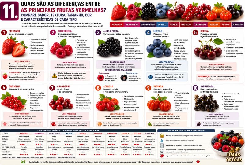 Morango, Framboesa, Amora, Mirtilo, Cereja, Groselha, Acerola, Pitanga e Jabuticaba: Compare Sabor, Textura e Características