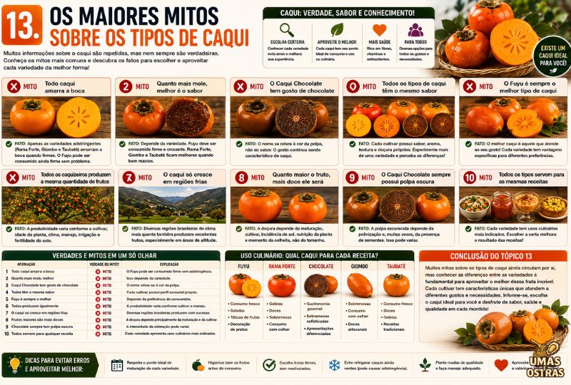 Infográfico comparando os principais mitos e verdades sobre os tipos de caqui, incluindo Fuyu, Rama Forte, Chocolate, Giombo e Taubaté.