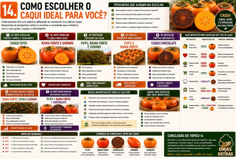 Infográfico comparando as principais variedades de caqui para ajudar na escolha ideal conforme sabor, produtividade, cultivo e finalidade de uso.