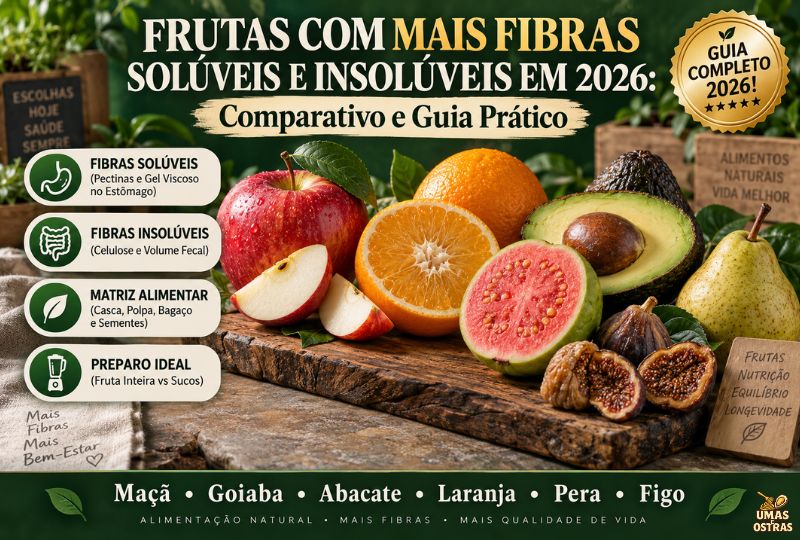 Infográfico sobre frutas com mais fibras solúveis e insolúveis em 2026 sobre bancada rústica de madeira com maçã, laranja fatiada, goiaba aberta, abacate, pera e figos secos. À esquerda, cartões informativos detalham fibras solúveis, insolúveis, matriz alimentar e preparo ideal. No canto superior direito, selo dourado 'Guia Completo 2026!'.