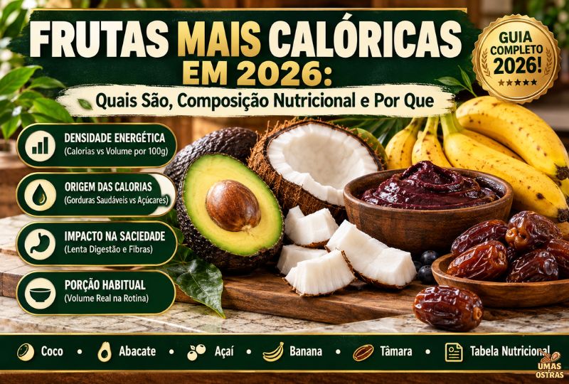 Infográfico sobre as frutas mais calóricas em 2026 exibindo abacate, coco seco aberto, açaí puro em tigela de madeira, bananas e tâmaras sobre bancada rústica. À esquerda, cartões informativos sobre densidade energética, origem das calorias, impacto na saciedade e porção habitual.