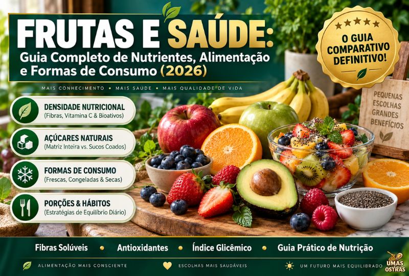 Infográfico em alta definição sobre frutas e saúde com fundo de vegetação e mesa rústica. Em destaque, maçã, laranja fatiada, morangos, mirtilos, abacate e uma tigela com salada de frutas ao lado de quatro blocos informativos: Densidade Nutricional, Açúcares Naturais, Formas de Consumo e Porções & Hábitos. No topo direito, selo dourado 'O Guia Comparativo Definitivo!'.