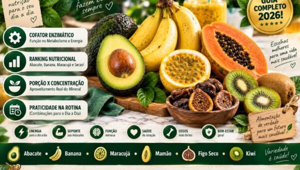 Infográfico sobre frutas ricas em magnésio em 2026 com fundo verde-escuro e bancada de madeira exibindo fatias de abacate, bananas, maracujá aberto, mamão papaia, figos secos e kiwi. À esquerda, quatro pílulas explicam cofator enzimático, ranking nutricional, porção x concentração e praticidade na rotina. No canto superior direito, selo dourado 'Guia Completo 2026!'.