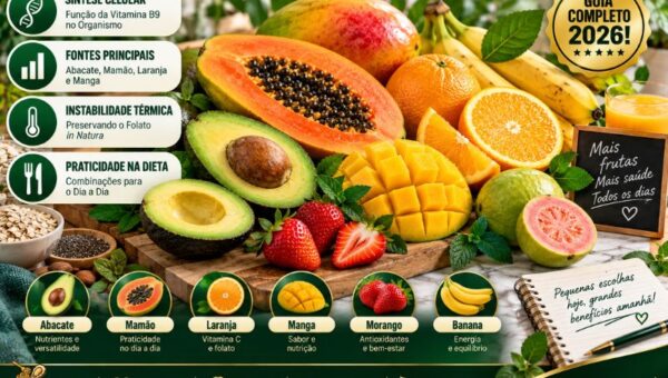 Infográfico profissional sobre frutas ricas em folato em 2026 intitulado 'Onde Encontrar e Quais se Destacam'. Exibe abacate, mamão papaia, laranjas, morangos e manga sobre bancada de madeira com pílulas explicativas e selo dourado 'Guia Completo 2026!'.