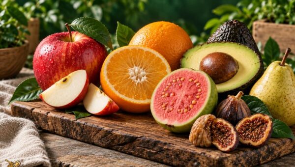 Infográfico sobre frutas com mais fibras solúveis e insolúveis em 2026 sobre bancada rústica de madeira com maçã, laranja fatiada, goiaba aberta, abacate, pera e figos secos. À esquerda, cartões informativos detalham fibras solúveis, insolúveis, matriz alimentar e preparo ideal. No canto superior direito, selo dourado 'Guia Completo 2026!'.