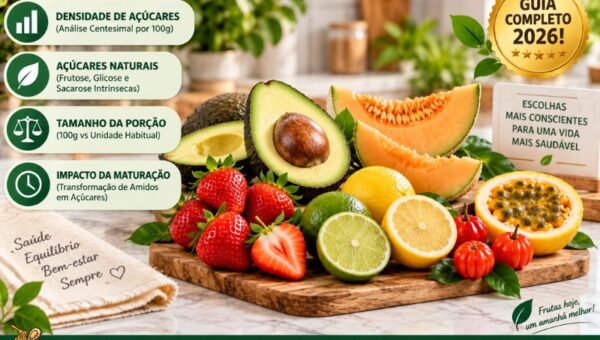 Infográfico sobre frutas com menos açúcar em 2026 exibindo abacate, limão, morango, melão, maracujá e pitanga sobre bancada de madeira. À esquerda, cartões informativos detalham densidade de açúcares, açúcares naturais, tamanho da porção e impacto da maturação. No canto superior direito, selo dourado 'Guia Completo 2026!'.