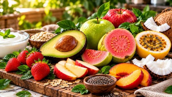 Infográfico sobre as melhores frutas para saciedade em 2026 exibindo abacate cortado ao meio, goiaba vermelha, maçã-verde, maracujá, pêssegos, coco seco, sementes de chia e aveia. À esquerda, cartões informativos destacam ação das fibras, estímulo à mastigação, gorduras saudáveis e combinações inteligentes.