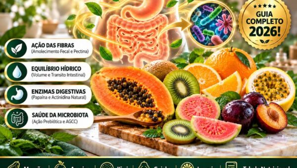 Infográfico sobre as melhores frutas para o intestino em 2026 exibindo mamão papaya com sementes, kiwi fatiado, goiaba vermelha, laranja, ameixas roxas e maracujá sobre bancada de mármore. À esquerda, cartões destacam ação das fibras, equilíbrio hídrico, enzimas digestivas e saúde da microbiota.