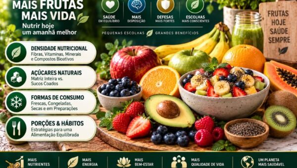 Infográfico em alta definição sobre frutas e saúde com fundo de vegetação e mesa rústica. Em destaque, maçã, laranja fatiada, morangos, mirtilos, abacate e uma tigela com salada de frutas ao lado de quatro blocos informativos: Densidade Nutricional, Açúcares Naturais, Formas de Consumo e Porções & Hábitos. No topo direito, selo dourado 'O Guia Comparativo Definitivo!'.