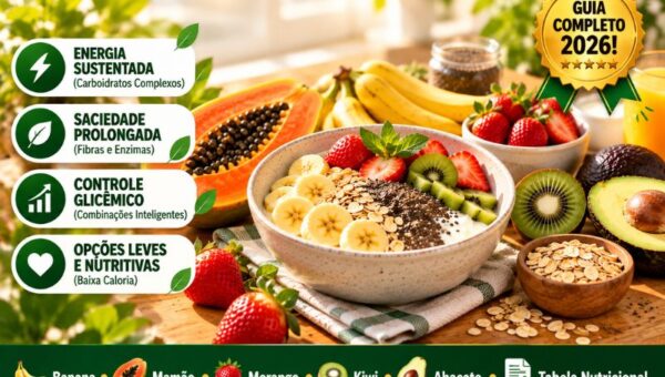 Infográfico sobre as melhores frutas para o café da manhã em 2026 exibindo uma tigela de iogurte com aveia, banana, morangos e kiwi, acompanhada por mamão papaya, abacate e suco natural. À esquerda, cartões destacam energia sustentada, saciedade prolongada, controle glicêmico e opções leves.