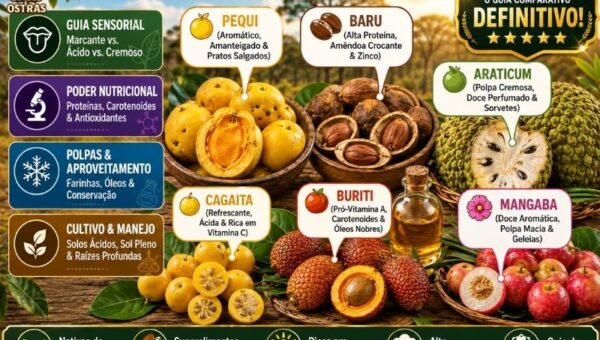 Infográfico em alta definição sobre os tipos de frutas do Cerrado com fundo da vegetação do bioma. Sobre uma mesa de madeira rústica, destacam-se 6 variedades nativas com balões explicativos: Pequi (fruto amarelo-alaranjado aromático), Baru (vagem aberta com amêndoa crocante), Araticum aberto (polpa cremosa com sementes), Cagaita (fruto amarelo ácido e refrescante), Buriti (casca escamosa com óleo nobre) e Mangaba (frutos rosados e macios). À esquerda, pílulas informativas abordam guia sensorial, poder nutricional, polpas e cultivo. No topo direito, selo de 'O Guia Comparativo Definitivo'.