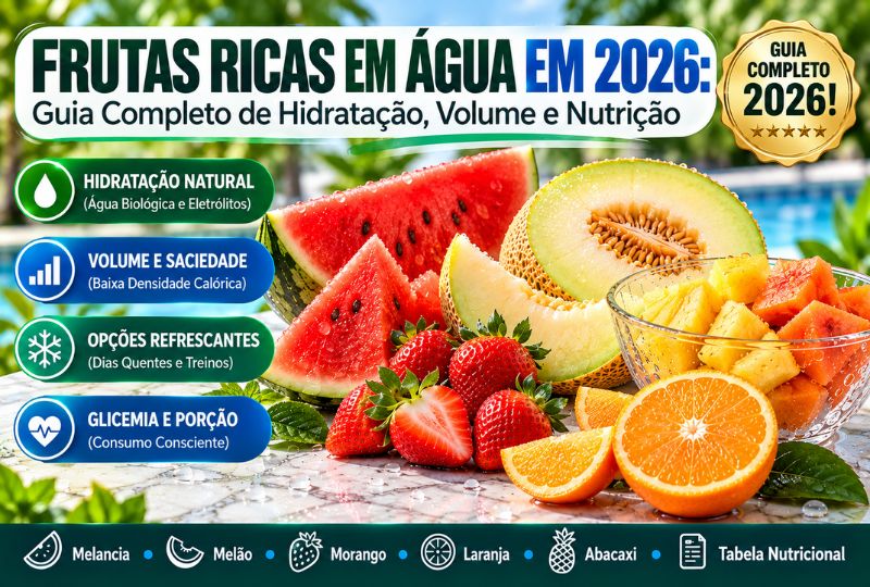 Infográfico sobre frutas ricas em água em 2026 mostrando uma mesa de mármore com fatias de melancia, melão, morango, laranja e abacaxi com gotas de água. À esquerda, cartões destacam hidratação natural, volume e saciedade, opções refrescantes e consumo consciente.